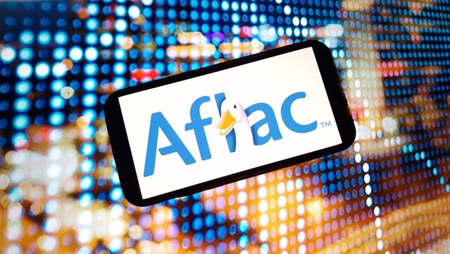 Konskie, Poland - March 02, 2024: Aflac company logo displayed on mobile phone screen