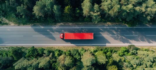 Red Wagon truck driving on the highway, aerial shot over forest