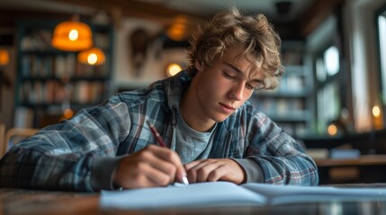 Young man writing in notebook.