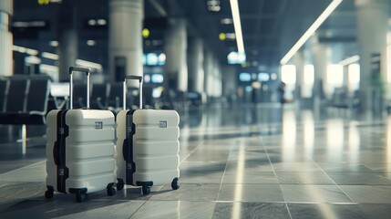 The two suitcases in an empty airport hall, traveler cases in the departure airport terminal waiting for the area, vacation concept, blank space for text message or design - obrazy, fototapety, plakaty