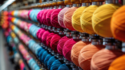 multiple colorful threads, industrial textile factory