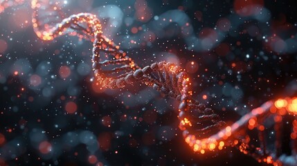 Abstract blue and orange DNA molecule technology background - obrazy, fototapety, plakaty