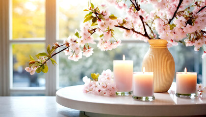 Fototapeta na wymiar Dekoration am Fenster mit Kirschblüten und Kerzen 