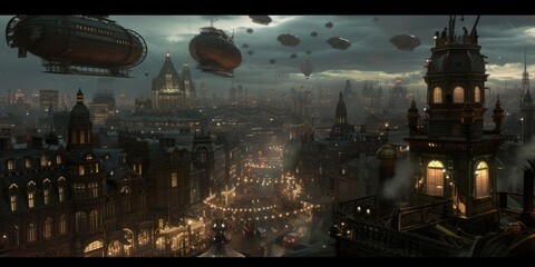 A fleet of steampunk airships hovers above a Victorian-inspired cityscape, enveloped in a golden mist at dawn. Resplendent. - 749592167