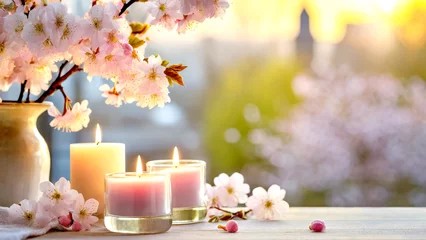 Foto op Plexiglas Dekoration am Fenster mit Kirschblüten und Kerzen  © Sina Ettmer