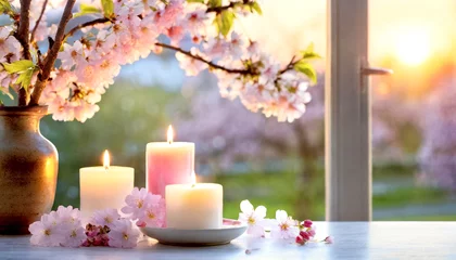 Foto op Plexiglas Dekoration am Fenster mit Kirschblüten und Kerzen  © Sina Ettmer