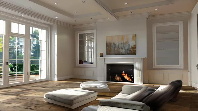 modern living room with fireplace and wood floor.