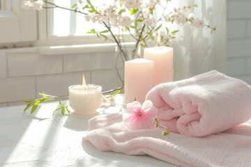 Bathroom with soft pastel towels and candles. Generative AI