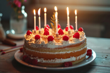 Beautifully decorated birthday cake with lit candles. Generative AI