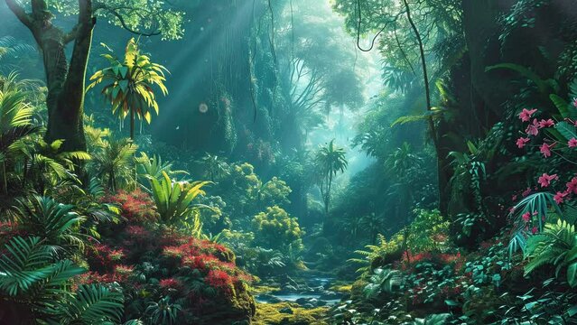 Landscape of tropical rainforest with flowing spring and waterfall