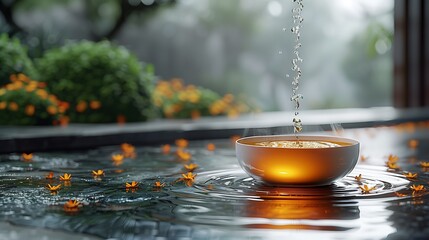 water is pouring into a cup of tea on a table - Powered by Adobe