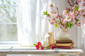 Table with stack of books, flowers and spring decor. Generative AI