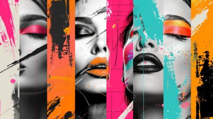 "Triptych painting of women's faces, with black and white panels and vibrant colors."