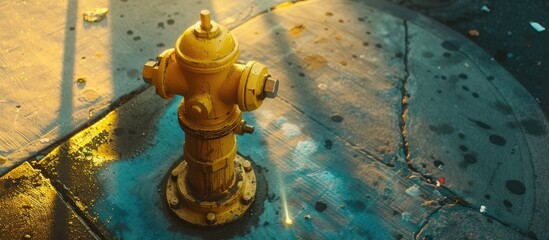 A vibrant yellow fire hydrant is prominently placed on the side of the road, under the bright sunlight.