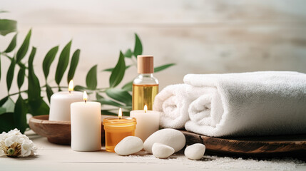 Obraz na płótnie Canvas beauty treatment items for spa procedures on white wooden table. massage stones, essential oils and sea salt. copy space salon