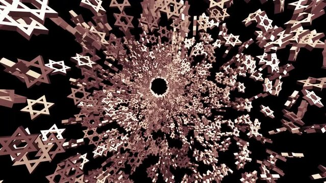 Tunnel with iron Stars of David on a black screen. Stock animation with the symbol of the Jewish religion. Video background for Hannukah in 4K with copy space.