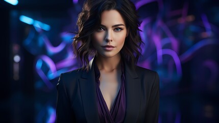 A sophisticated image of a model in a power suit, confidently staring into the camera, with a gradient background shifting from midnight blue to royal purple