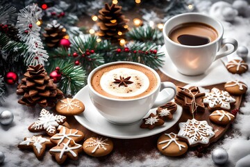 cup of coffee and christmas cookies generated by AI technology