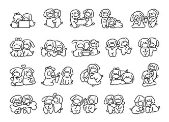 Fototapeta premium Cute couples dogs friendship. Coloring Page. Pets hugging, sitting together cartoon characters. Hand drawn style. Vector drawing. Collection of design elements.