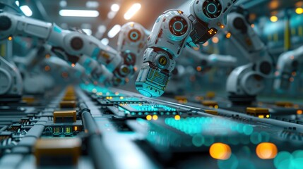 Robotic arms operating on a production line in a high-tech manufacturing facility, showcasing advanced automation and precision engineering.