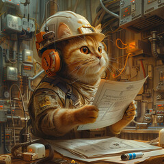 A comical cat wearing a hard hat and inspecting blueprints surrounded by high tech gadgets and gizmos embodying a furry engineer at work - obrazy, fototapety, plakaty