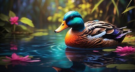 Illustrate a realistic scene of a neon-feathered duck wading in shallow water, with the vibrant colors casting a radiant glow on the surrounding flora. -AI Generative