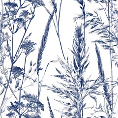 Grasses and wild flowers as toile de jouy seamless repeating pattern on white background