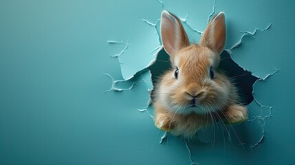 Rabbit peeking out of hole in blue wall. Easter concept