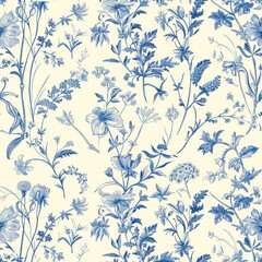 Herbs and flowers of spring as toile de jouy seamless repeating pattern in blue color