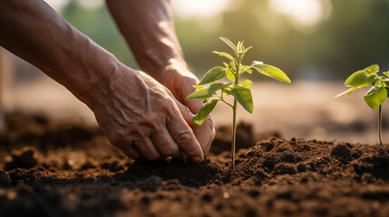 Grains are planted with old hands, seeds are planted in the soil at sunset. Agriculture and horticulture