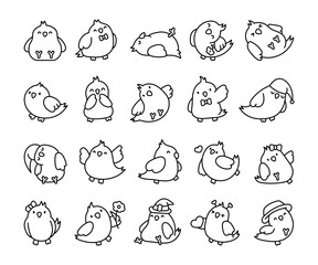 Cute cartoon pet birds. Coloring Page. Adorable kawaii parrots characters. Cockatiel, parakeet. Hand drawn style. Vector drawing. Collection of design elements.