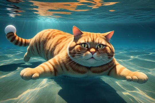 A fat cat in a cap swims in the sea underwater