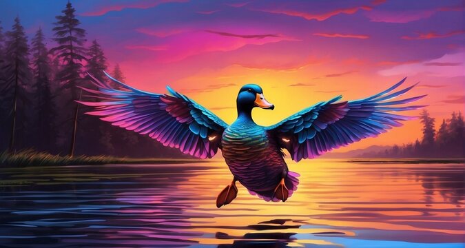 Compose an image of a neon-feathered duck in flight against a twilight sky. Pay close attention to the dynamic movement of the wings, the neon glow against the dusky background-AI Generative