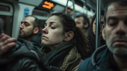 Fototapeta na wymiar Tired depressed people in subway, rush hour