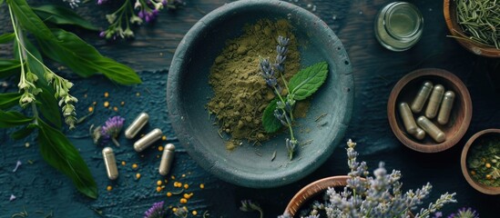 Obraz na płótnie Canvas A table is topped with bowls filled with different types of herbs. The herbs include basil, mint, parsley, rosemary, thyme, and more. Each bowl is distinct in color and texture, showcasing the variety
