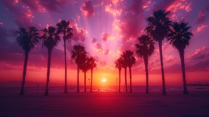 Sunset With Palm Trees and Ocean