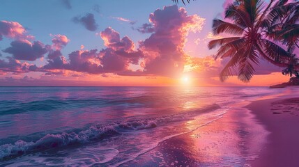 Beautiful Sunset on Tropical Beach With Palm Trees
