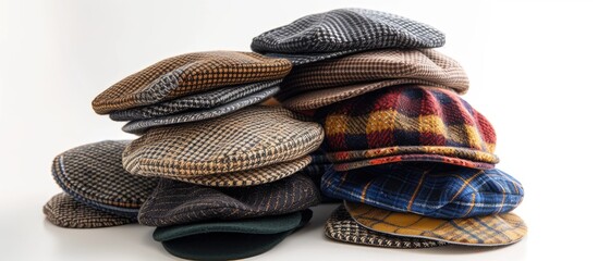 A collection of classic wool newsboy caps in various colors and patterns piled on top of each other, neatly stacked on a white backdrop for catalog pictures. - obrazy, fototapety, plakaty