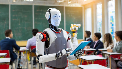 Robot cyborg teacher (lecturer) in the classroom and students are blurred background - obrazy, fototapety, plakaty