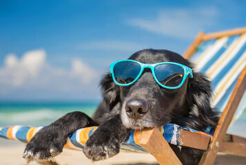Black retriever dog with sunglasses is sleeping in a sun lounger on the beach