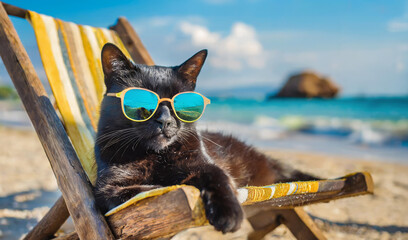 Cool cat with sunglasses relaxing in a sun lounger on the beach