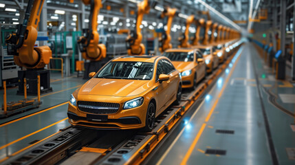 Obraz premium Sleek Line Of Golden Cars On An Assembly Line Flanked By Robotic Arms In A Modern Automotive Plant