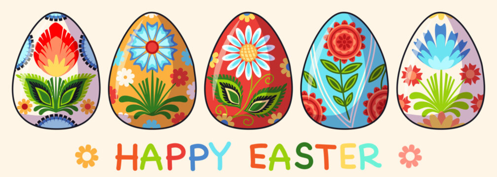 Happy Easter poster. Vector set of Easter eggs with traditional floral pattern