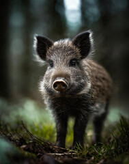 Naklejka na ściany i meble Portrait of a wild boar younglings in dark forest macro photography