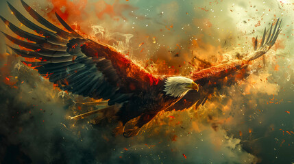 Fiery-Eyed Eagle Gliding Through A Dynamic Explosion Of Smoke And Ember-Like Particles.