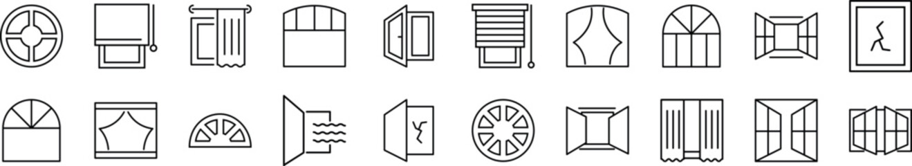 Collection of thin signs of window. Editable stroke. Simple linear illustration for stores, shops, banners, design
