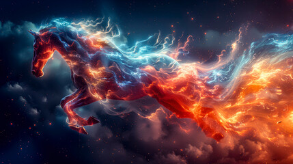 Ethereal Unicorn Composed Of Vibrant Flames And Electric Blue Energy, Galloping Cosmic Expanse.