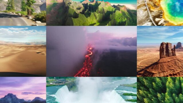 Zoom out collage Hawaii volcano National park USA. Yellowstone, Denali, Niagara, Monument Valley, Grand Teton, Sequoia, Zion, Yosemite, Death Valley, Bryce Grand Canyon, Olympic, Arcadia, Na Pali park