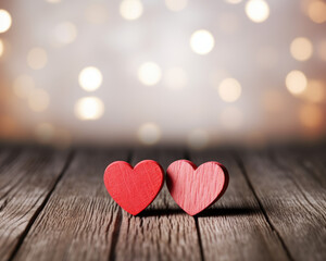 Valentines day background with two red hearts on wooden background light,