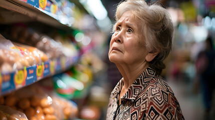 Old lady concerned with high food prices and inflation - obrazy, fototapety, plakaty